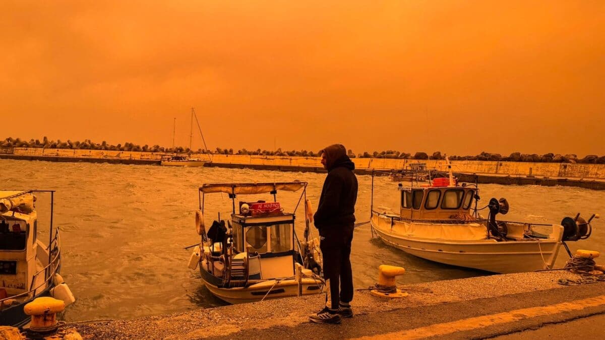 Storm winds and desert sand turn Crete orange