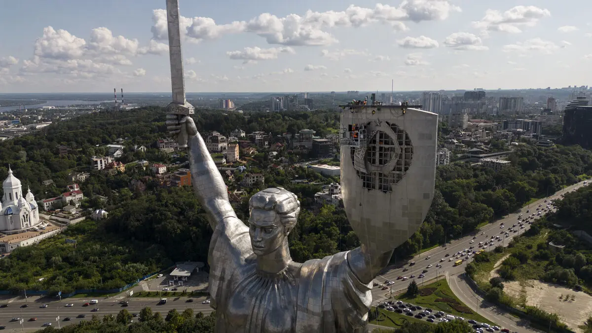 Classic war monument at Mother Ukraine statue damaged in Kyiv