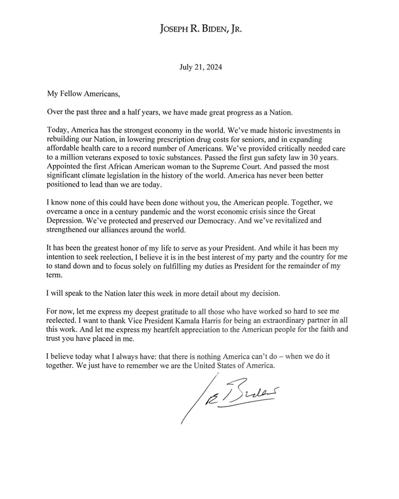 Joe Biden's letter announcing his withdrawal